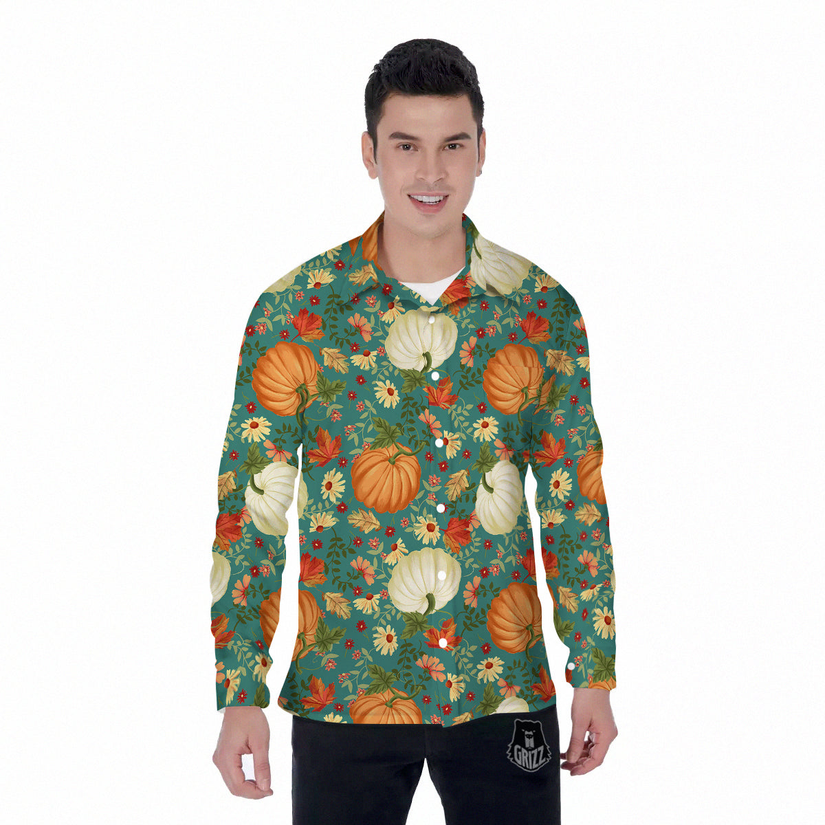 Pumpkin Vintage Print Pattern Men's Long Sleeve Shirts-grizzshop