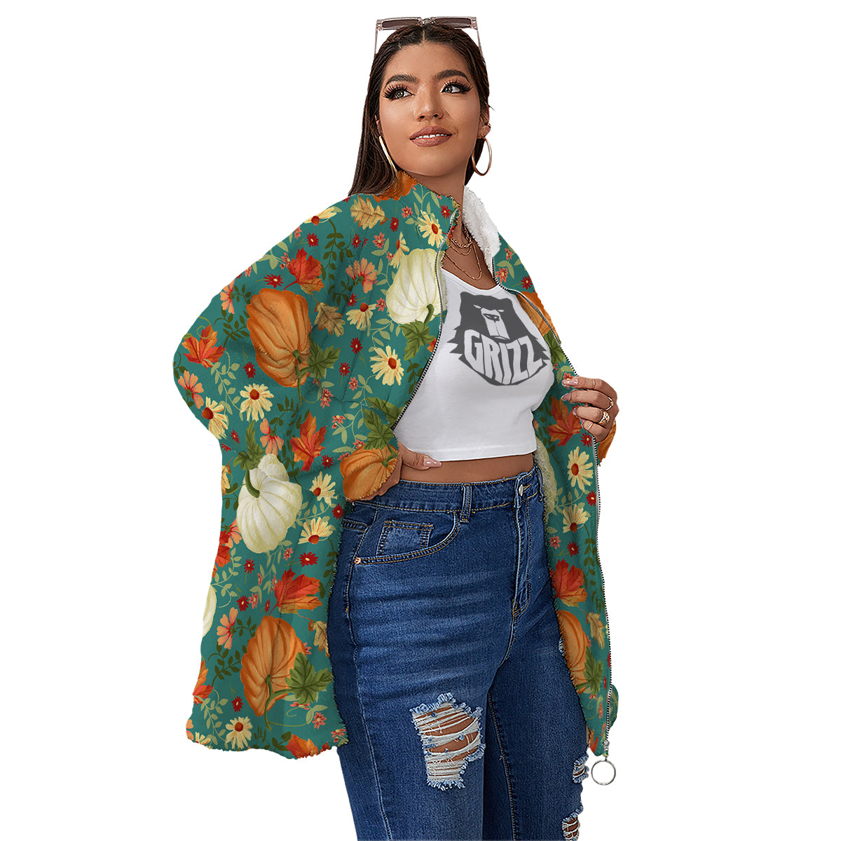 Pumpkin Vintage Print Pattern Women's Sherpa Jacket-grizzshop