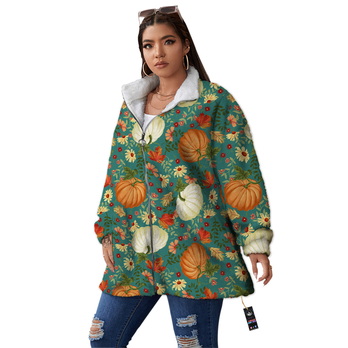 Pumpkin Vintage Print Pattern Women's Sherpa Jacket-grizzshop