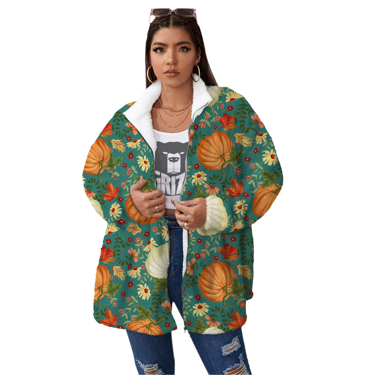 Pumpkin Vintage Print Pattern Women's Sherpa Jacket-grizzshop