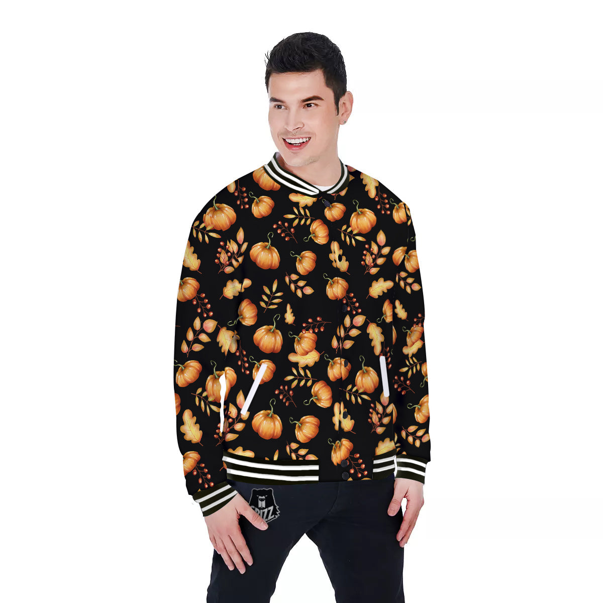Pumpkin Watercolor Print Pattern Baseball Jacket-grizzshop