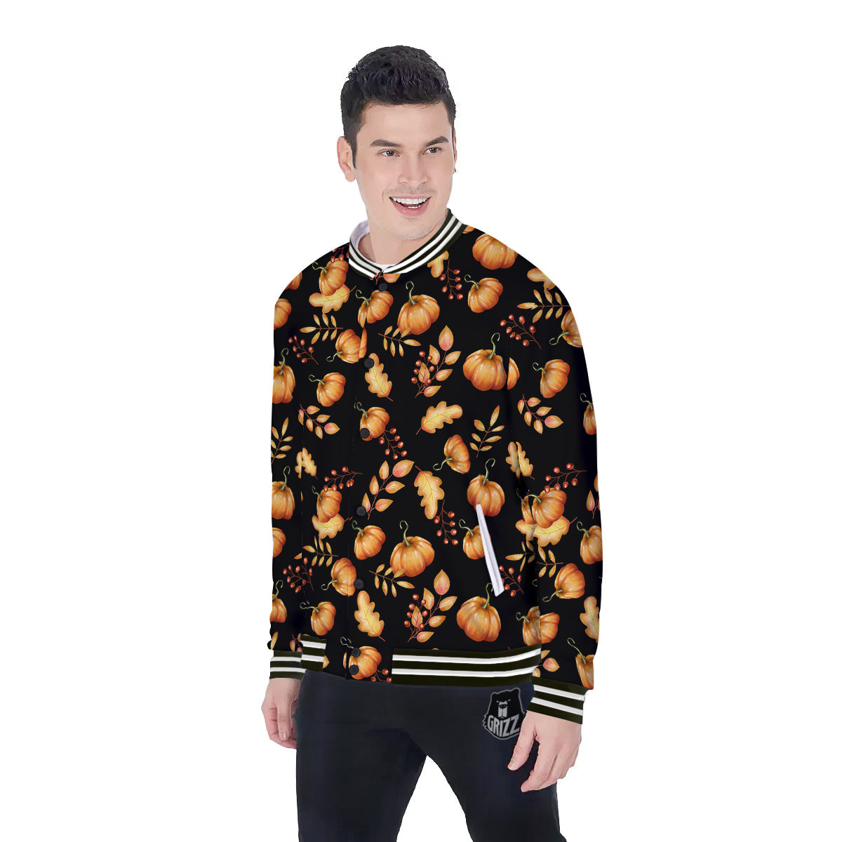 Pumpkin Watercolor Print Pattern Baseball Jacket-grizzshop