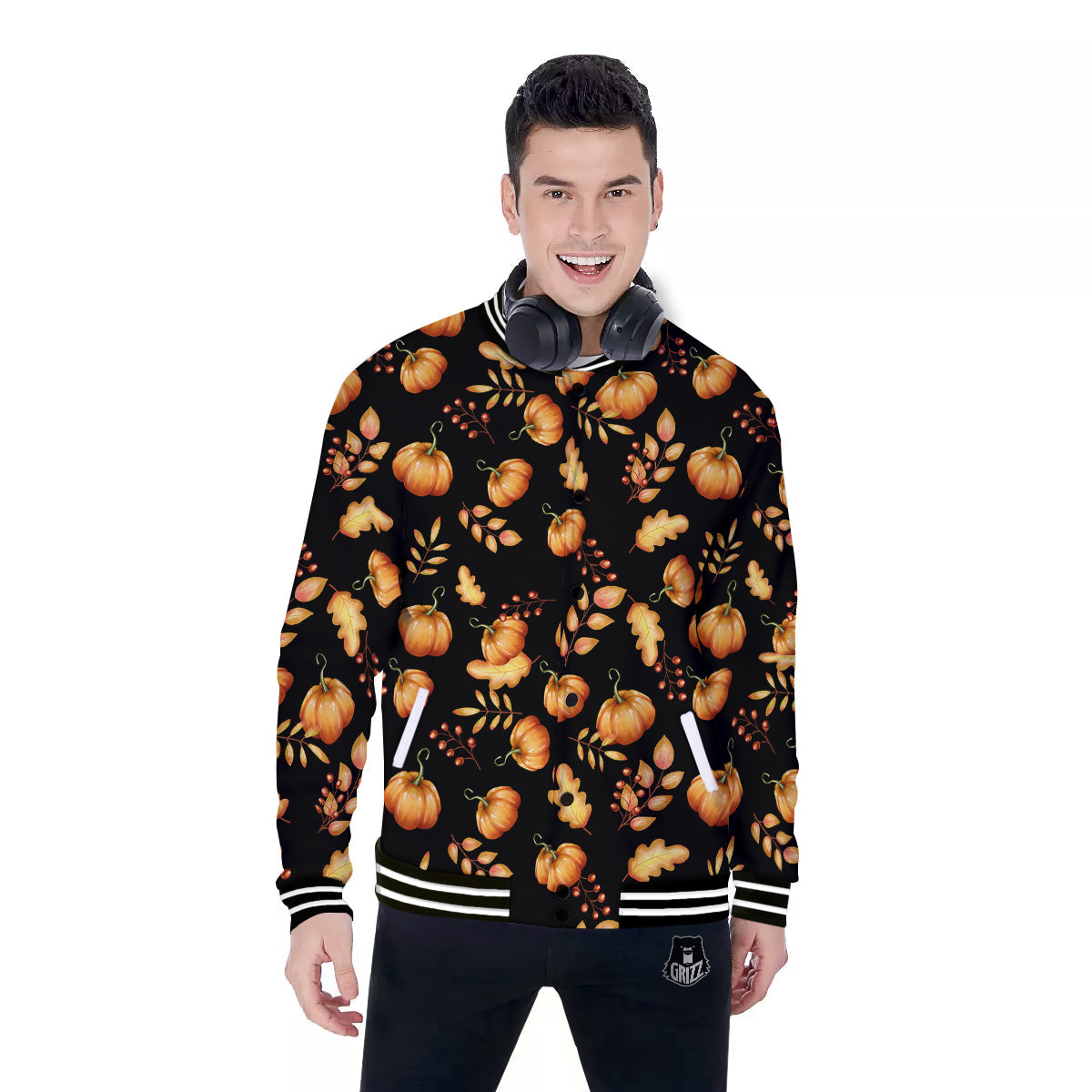 Pumpkin Watercolor Print Pattern Baseball Jacket-grizzshop
