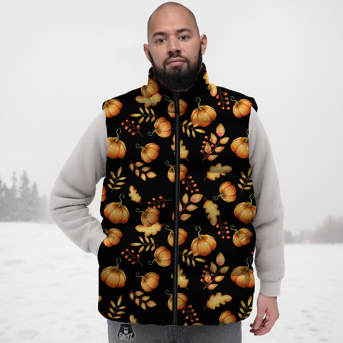 Pumpkin Watercolor Print Pattern Down Vest