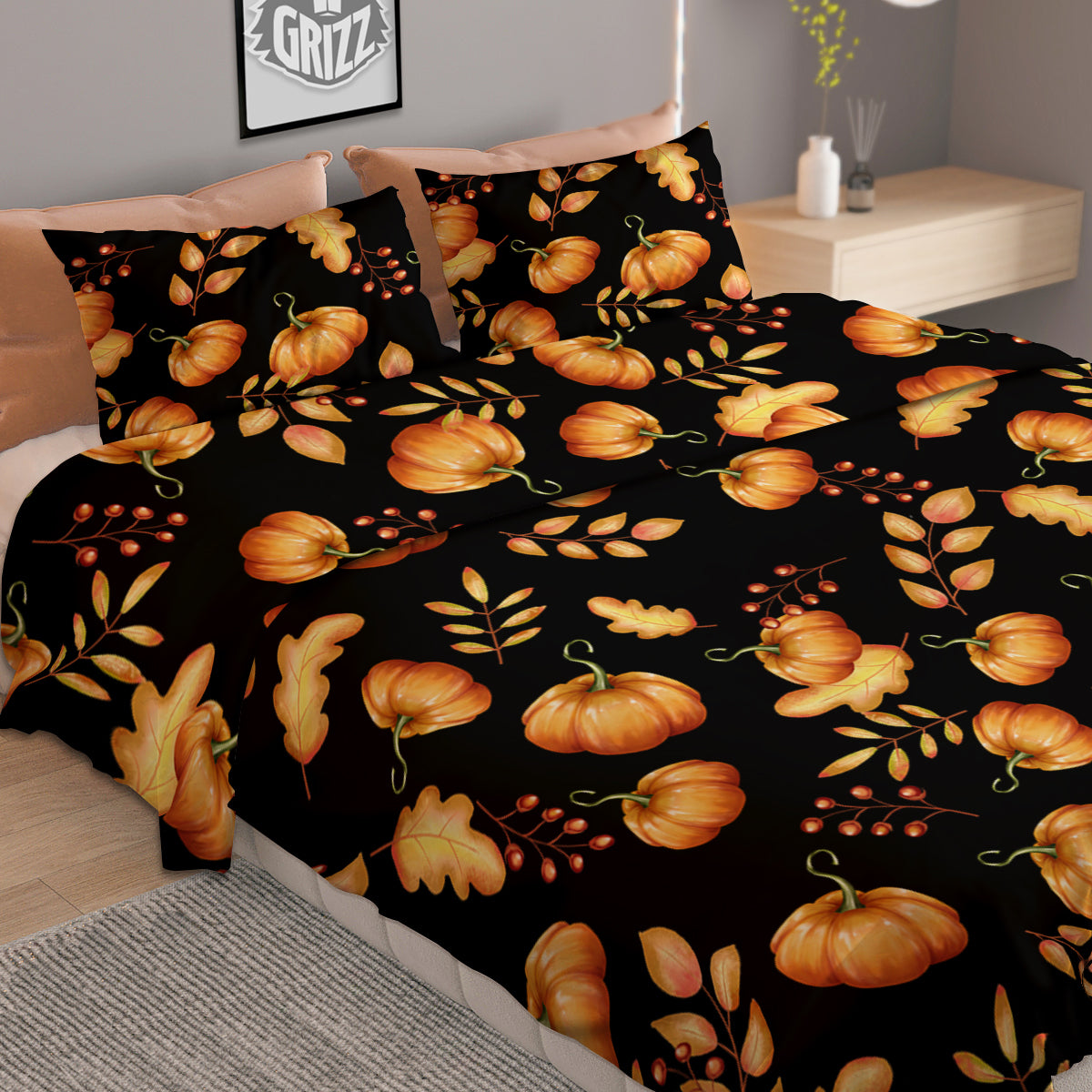 Pumpkin Watercolor Print Pattern Duvet Cover Bedding Set