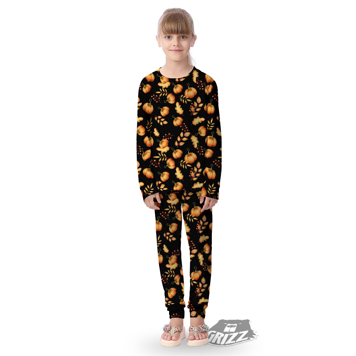 Pumpkin Watercolor Print Pattern Kid's Pajamas-grizzshop