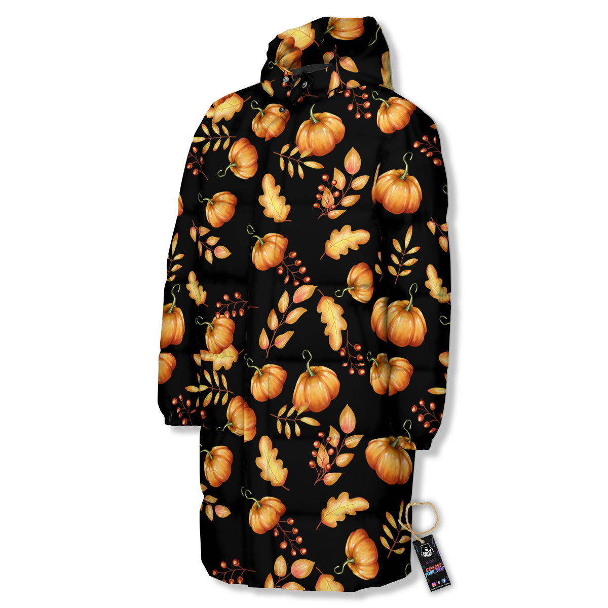 Pumpkin Watercolor Print Pattern Long Down Jacket-grizzshop