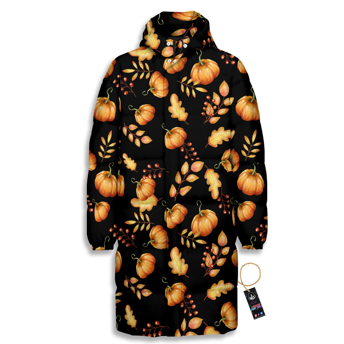 Pumpkin Watercolor Print Pattern Long Down Jacket-grizzshop