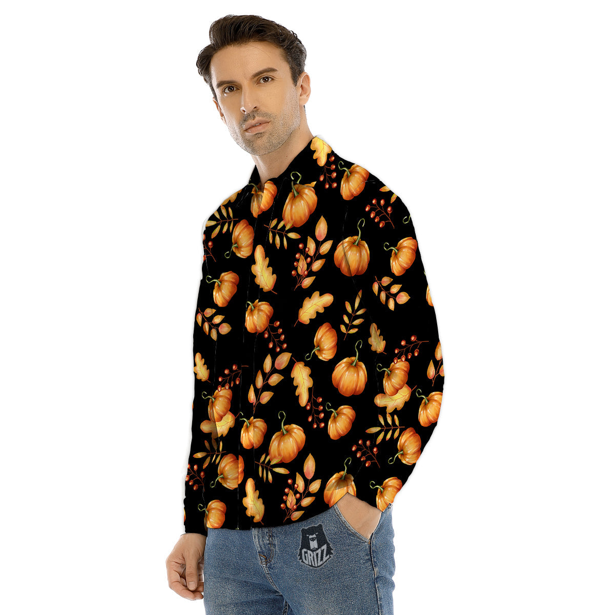 Pumpkin Watercolor Print Pattern Men's Dress Shirts-grizzshop
