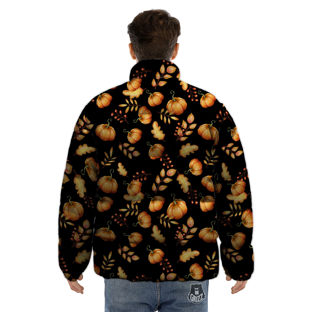 Pumpkin Watercolor Print Pattern Puffer Jacket-grizzshop