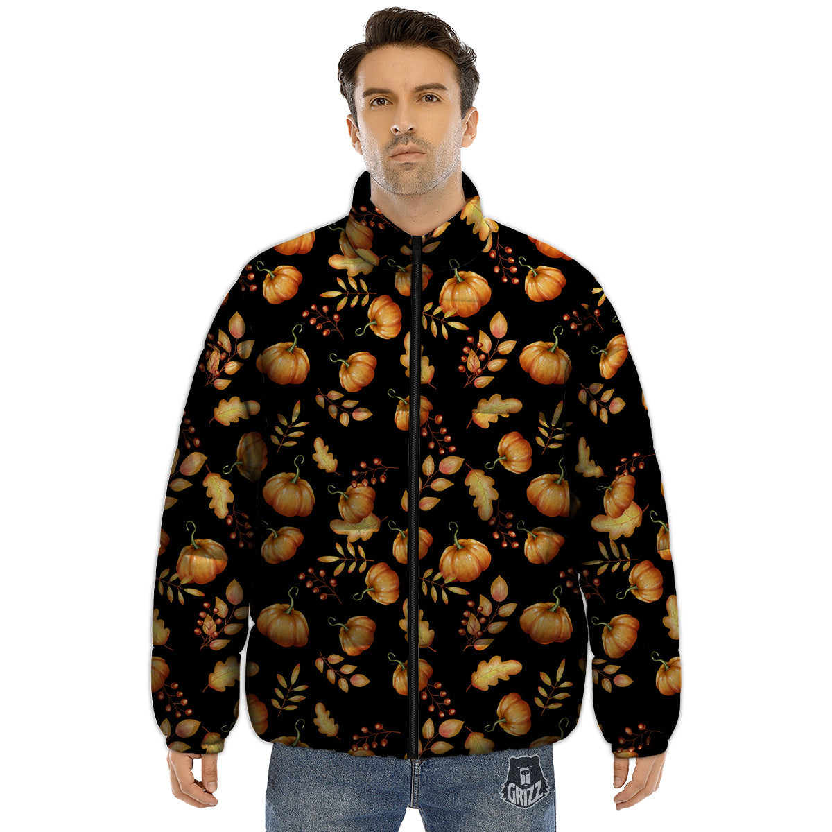 Pumpkin Watercolor Print Pattern Puffer Jacket-grizzshop