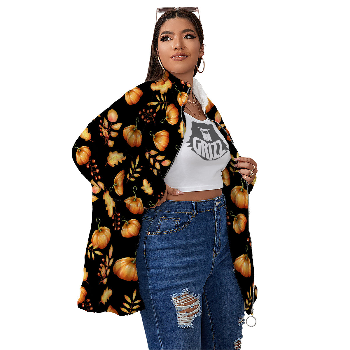 Pumpkin Watercolor Print Pattern Women's Sherpa Jacket-grizzshop