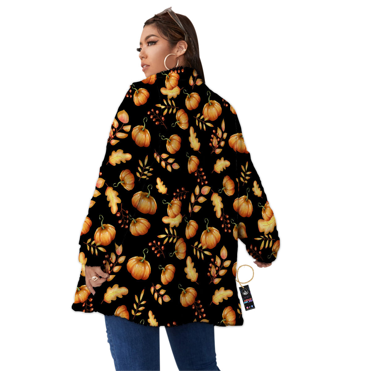 Pumpkin Watercolor Print Pattern Women's Sherpa Jacket-grizzshop