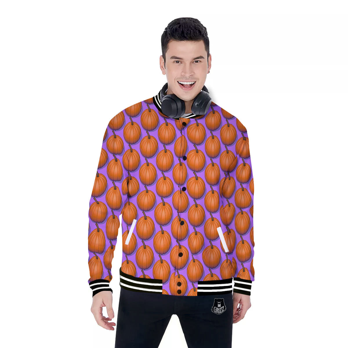 Pumpkin Wave Print Pattern Baseball Jacket-grizzshop