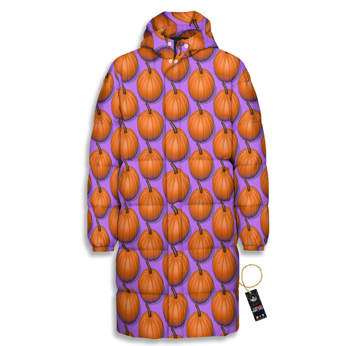 Pumpkin Wave Print Pattern Long Down Jacket-grizzshop