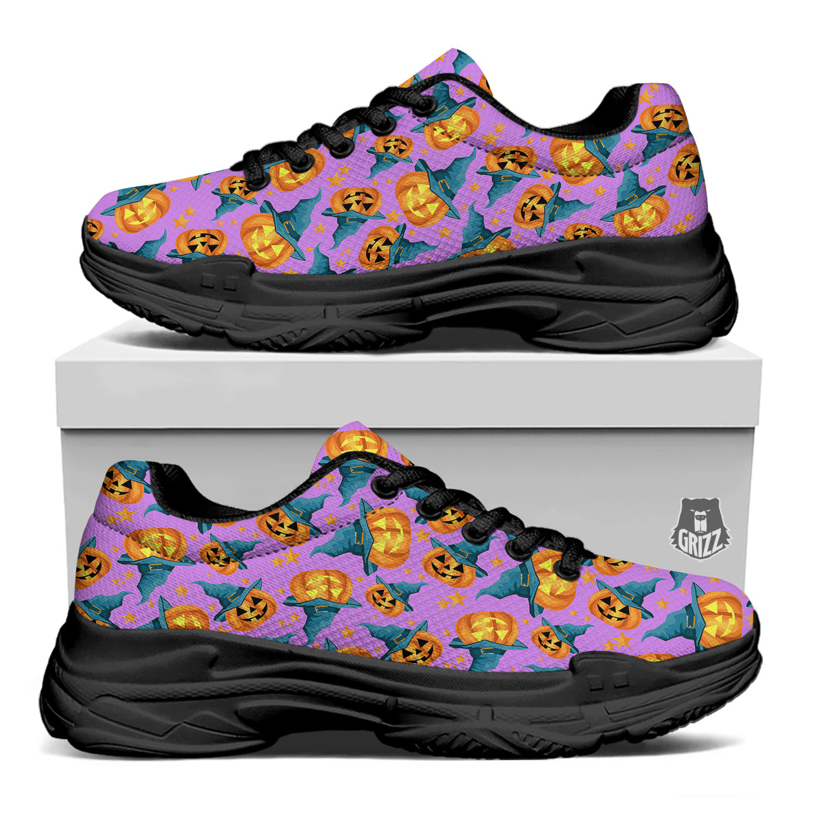 Pumpkin Witch Halloween Cute Print Black Chunky Shoes-grizzshop