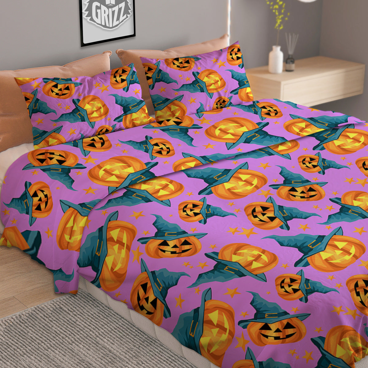 Pumpkin Witch Halloween Cute Print Duvet Cover Bedding Set