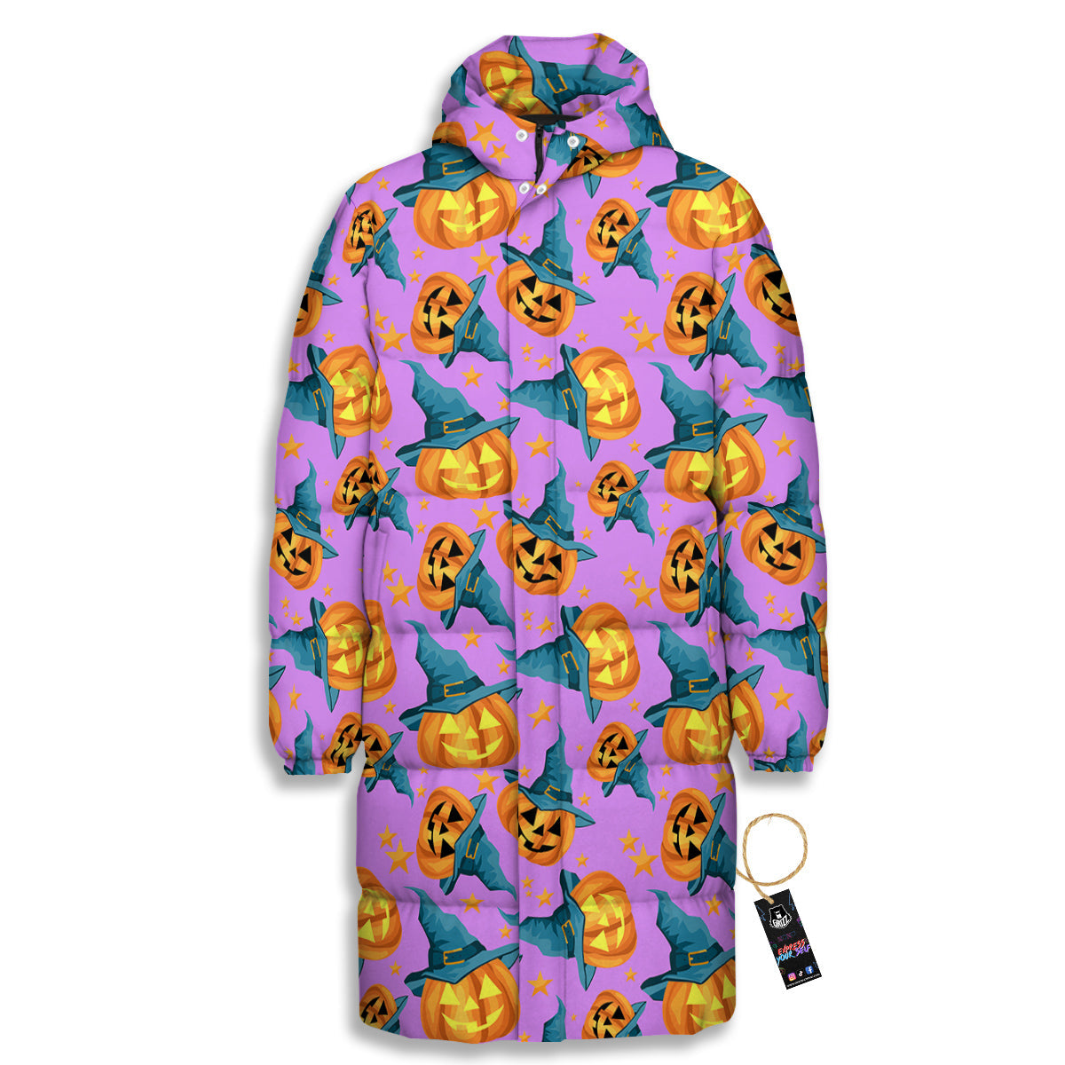 Pumpkin Witch Halloween Cute Print Long Down Jacket-grizzshop