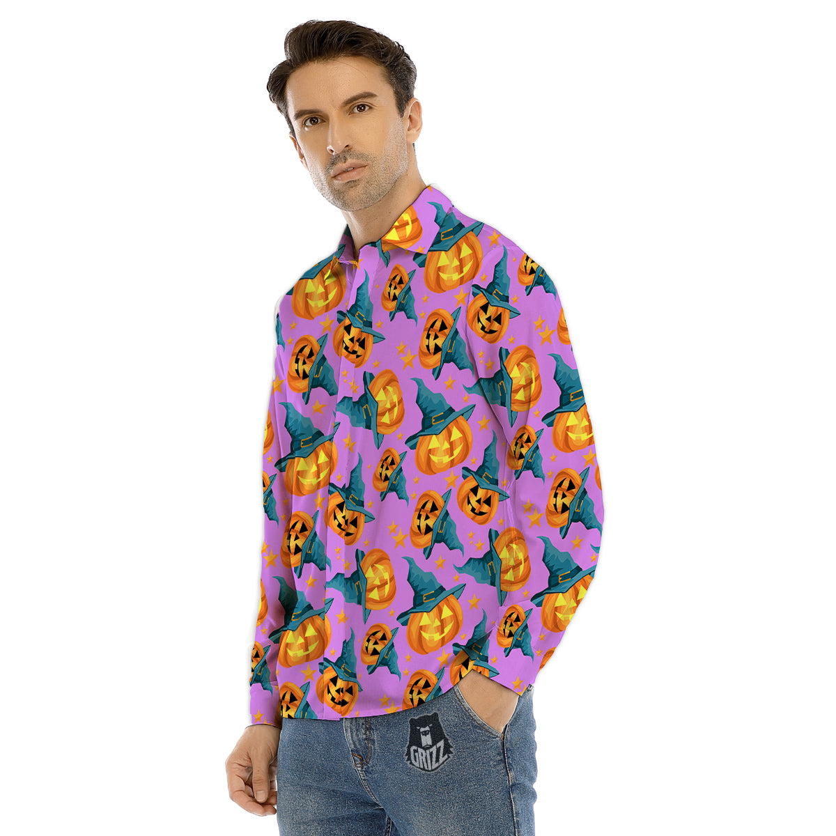 Pumpkin Witch Halloween Cute Print Men's Dress Shirts-grizzshop