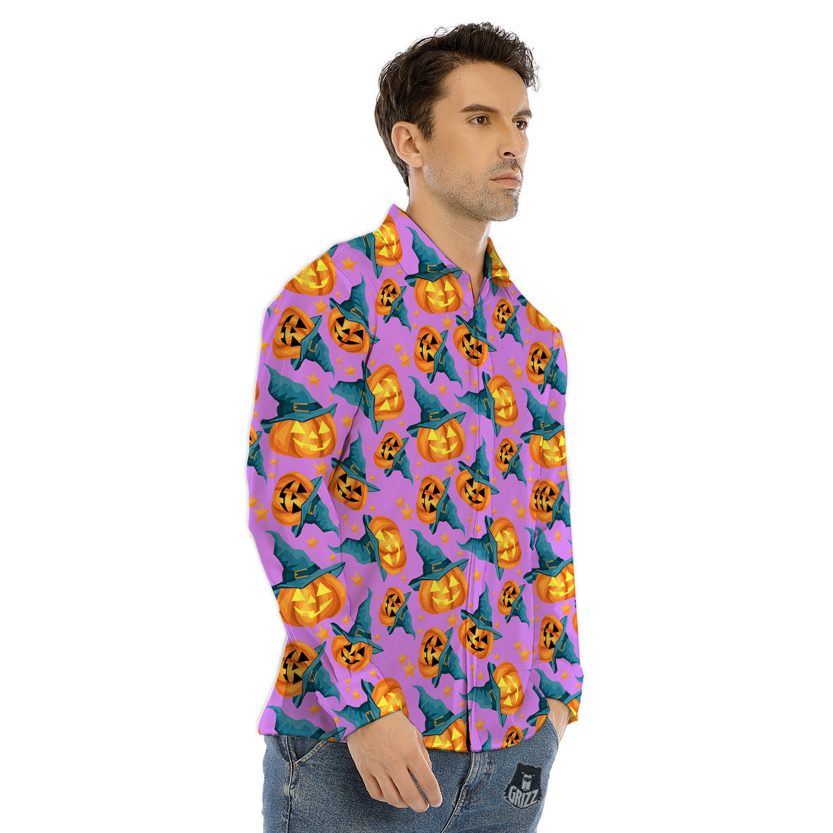 Pumpkin Witch Halloween Cute Print Men's Dress Shirts-grizzshop