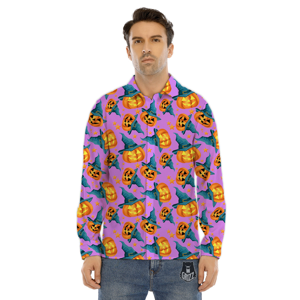 Pumpkin Witch Halloween Cute Print Men's Dress Shirts-grizzshop