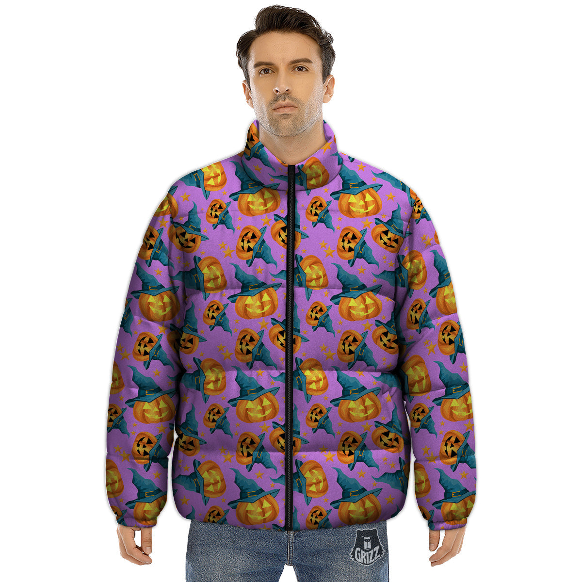 Pumpkin Witch Halloween Cute Print Puffer Jacket-grizzshop