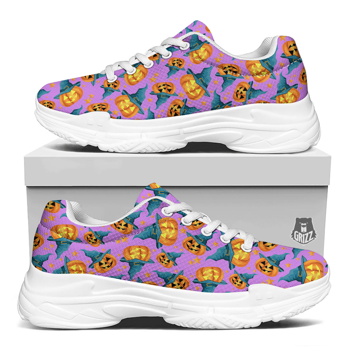 Pumpkin Witch Halloween Cute Print White Chunky Shoes-grizzshop