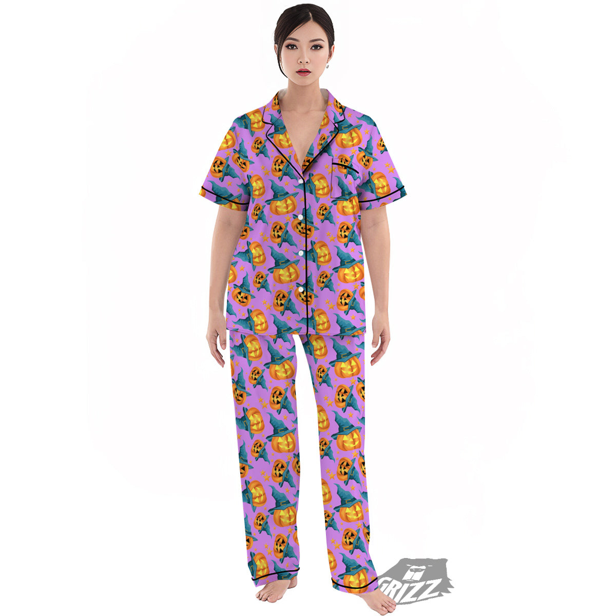 Pumpkin Witch Halloween Cute Print Women's Pajamas Set-grizzshop