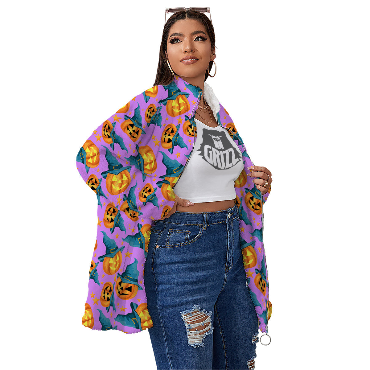 Pumpkin Witch Halloween Cute Print Women's Sherpa Jacket-grizzshop