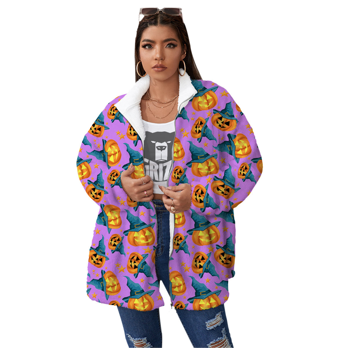 Pumpkin Witch Halloween Cute Print Women's Sherpa Jacket-grizzshop