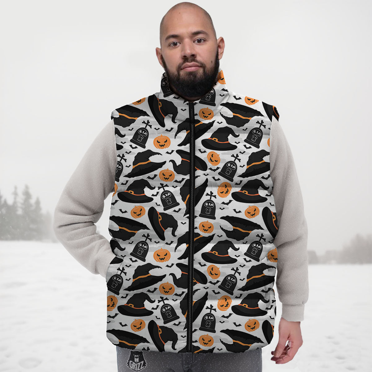 Pumpkin Witch Halloween Print Pattern Down Vest