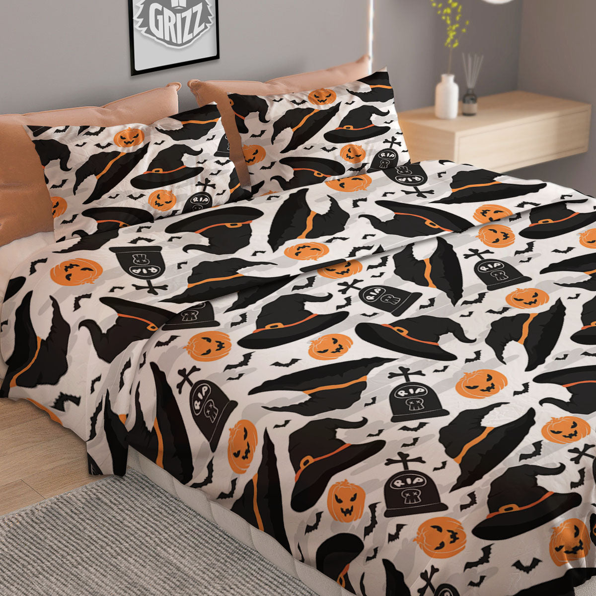 Pumpkin Witch Halloween Print Pattern Duvet Cover Bedding Set