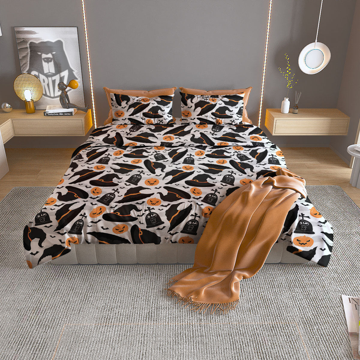 Pumpkin Witch Halloween Print Pattern Duvet Cover Bedding Set
