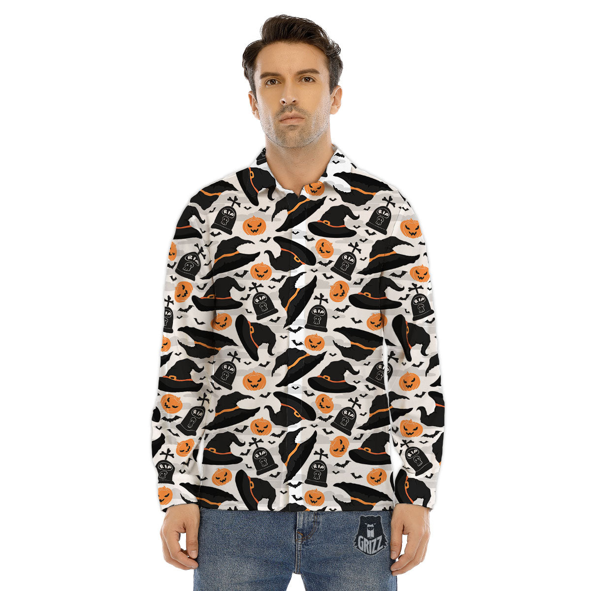 Pumpkin Witch Halloween Print Pattern Men's Dress Shirts-grizzshop