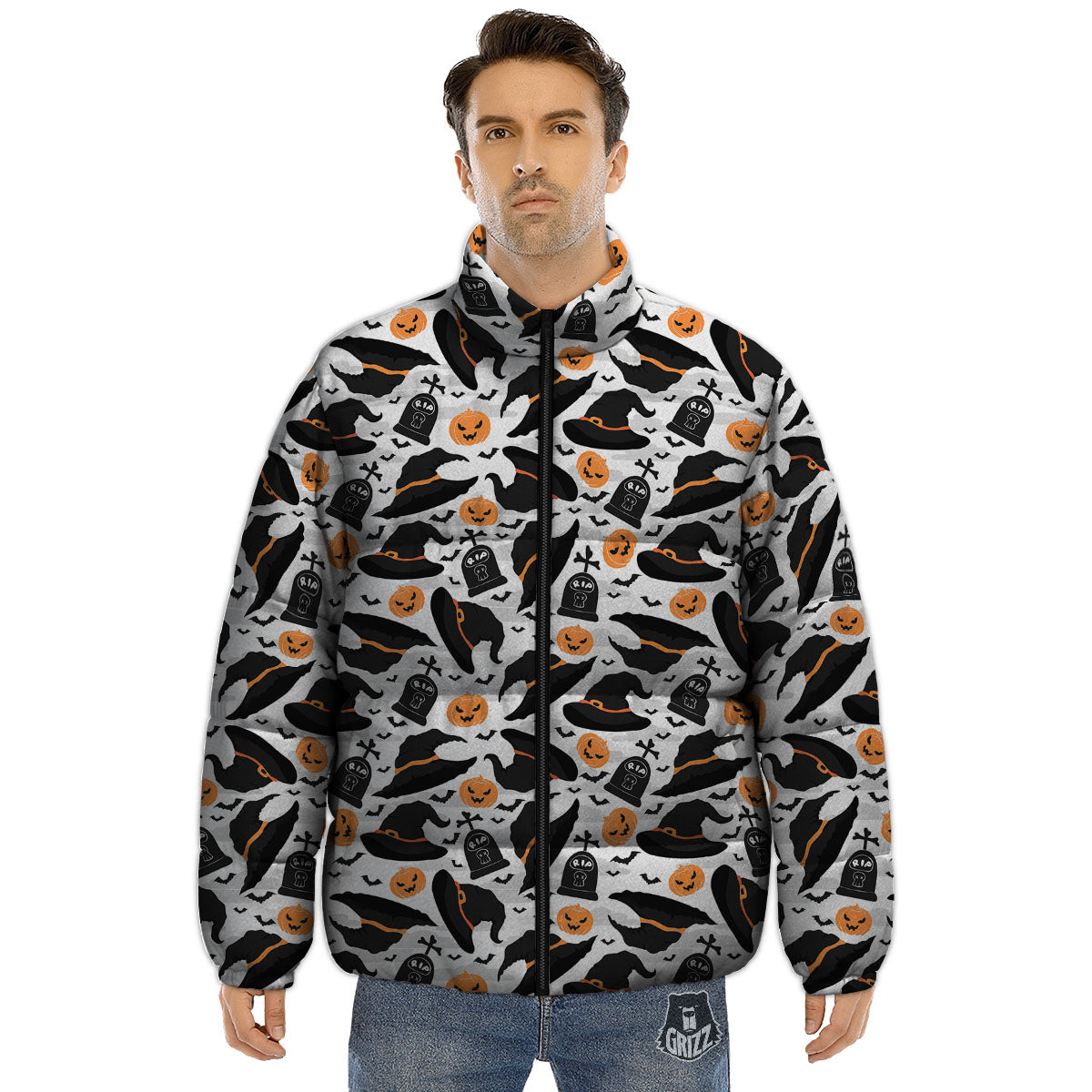 Pumpkin Witch Halloween Print Pattern Puffer Jacket-grizzshop