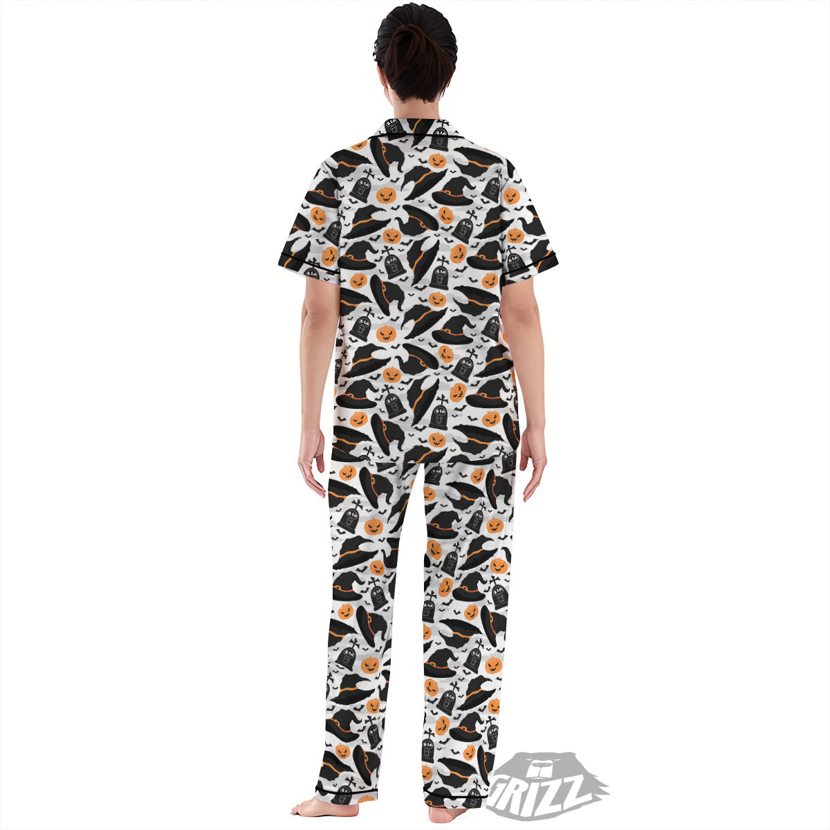 Pumpkin Witch Halloween Print Pattern Women's Pajamas Set-grizzshop