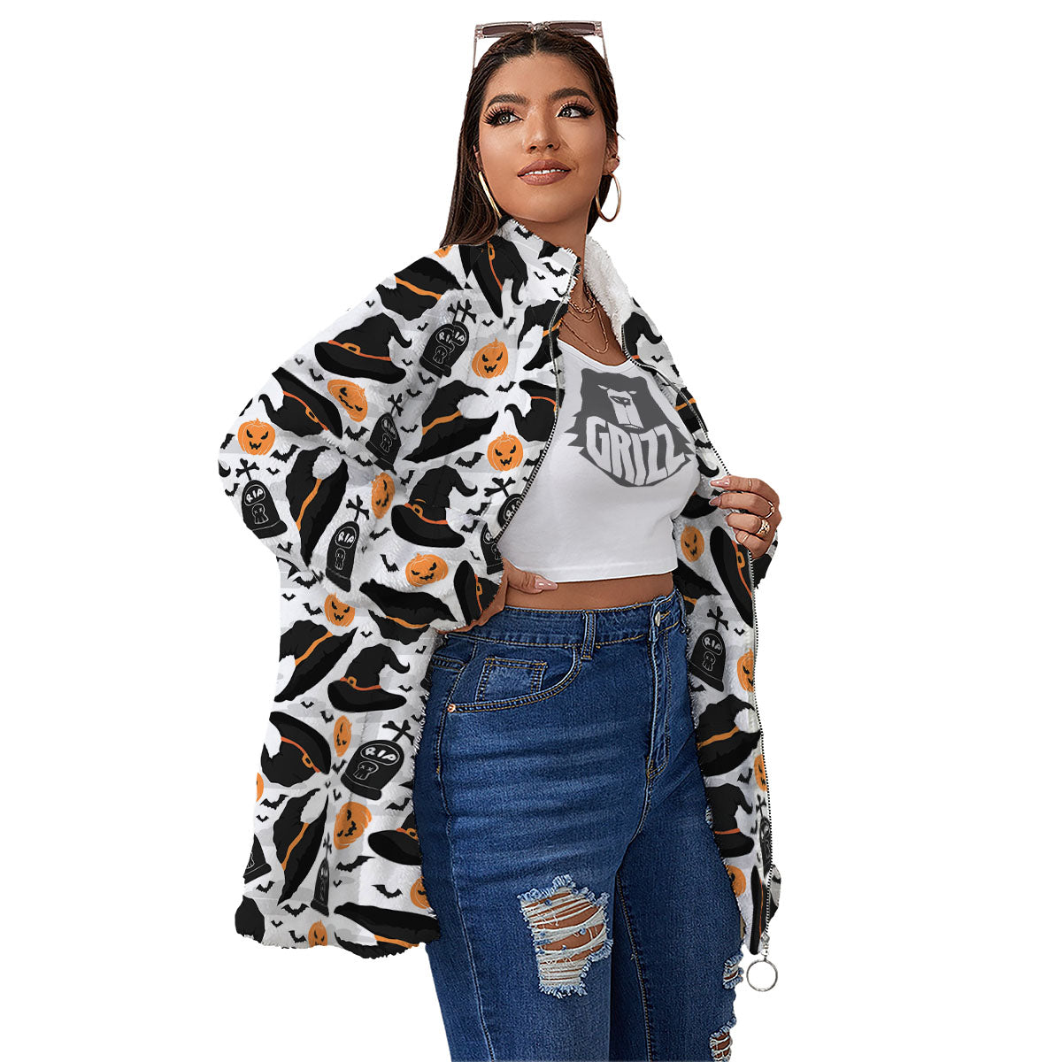 Pumpkin Witch Halloween Print Pattern Women's Sherpa Jacket-grizzshop