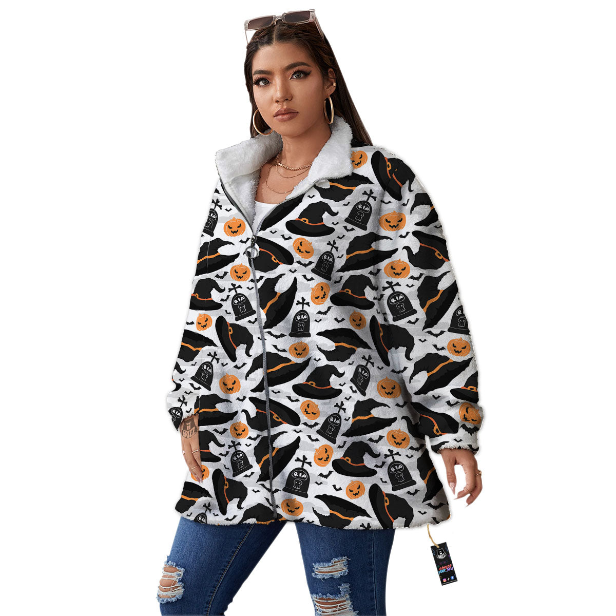 Pumpkin Witch Halloween Print Pattern Women's Sherpa Jacket-grizzshop