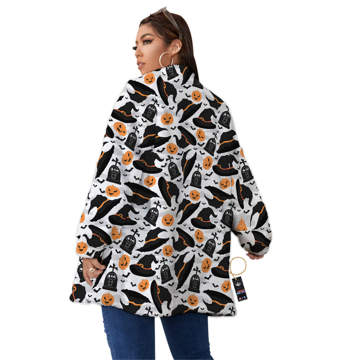 Pumpkin Witch Halloween Print Pattern Women's Sherpa Jacket-grizzshop