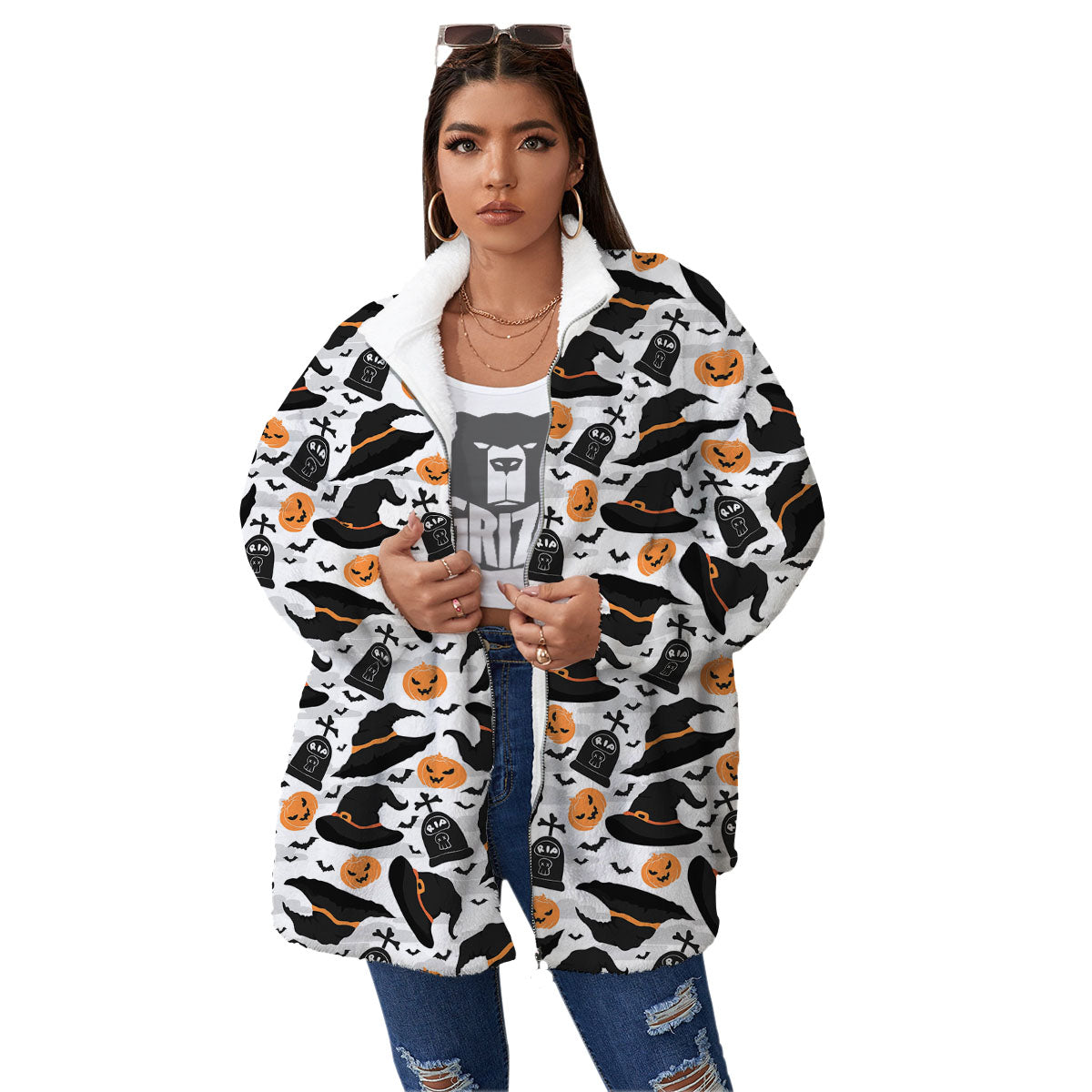 Pumpkin Witch Halloween Print Pattern Women's Sherpa Jacket-grizzshop