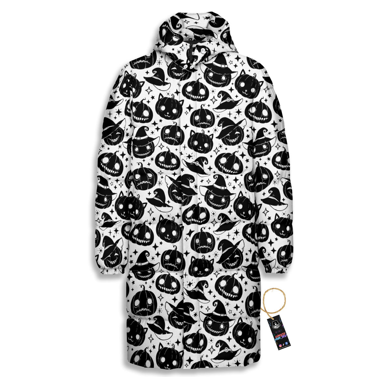Pumpkin Black Halloween Print Pattern Long Down Jacket