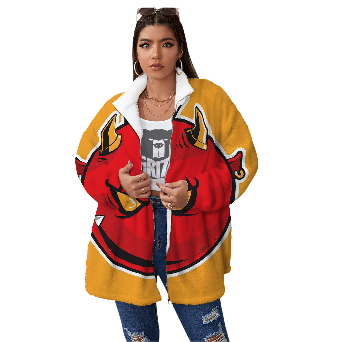 Punk Devil Mohawk Print Women's Sherpa Jacket-grizzshop