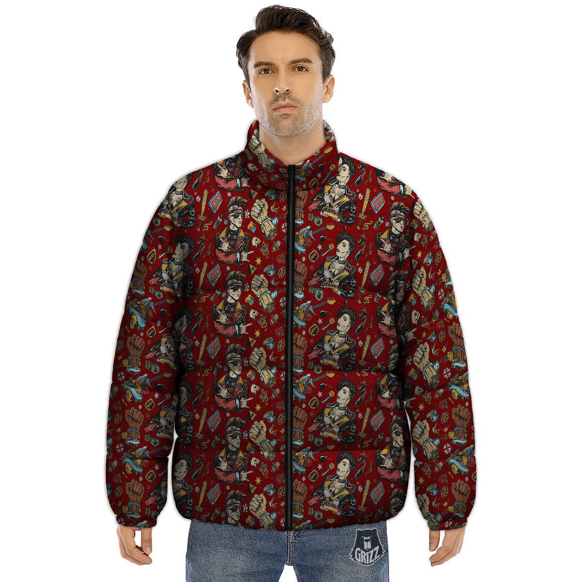 Punk Girl Lifestyle Tattoo Print Pattern Puffer Jacket-grizzshop