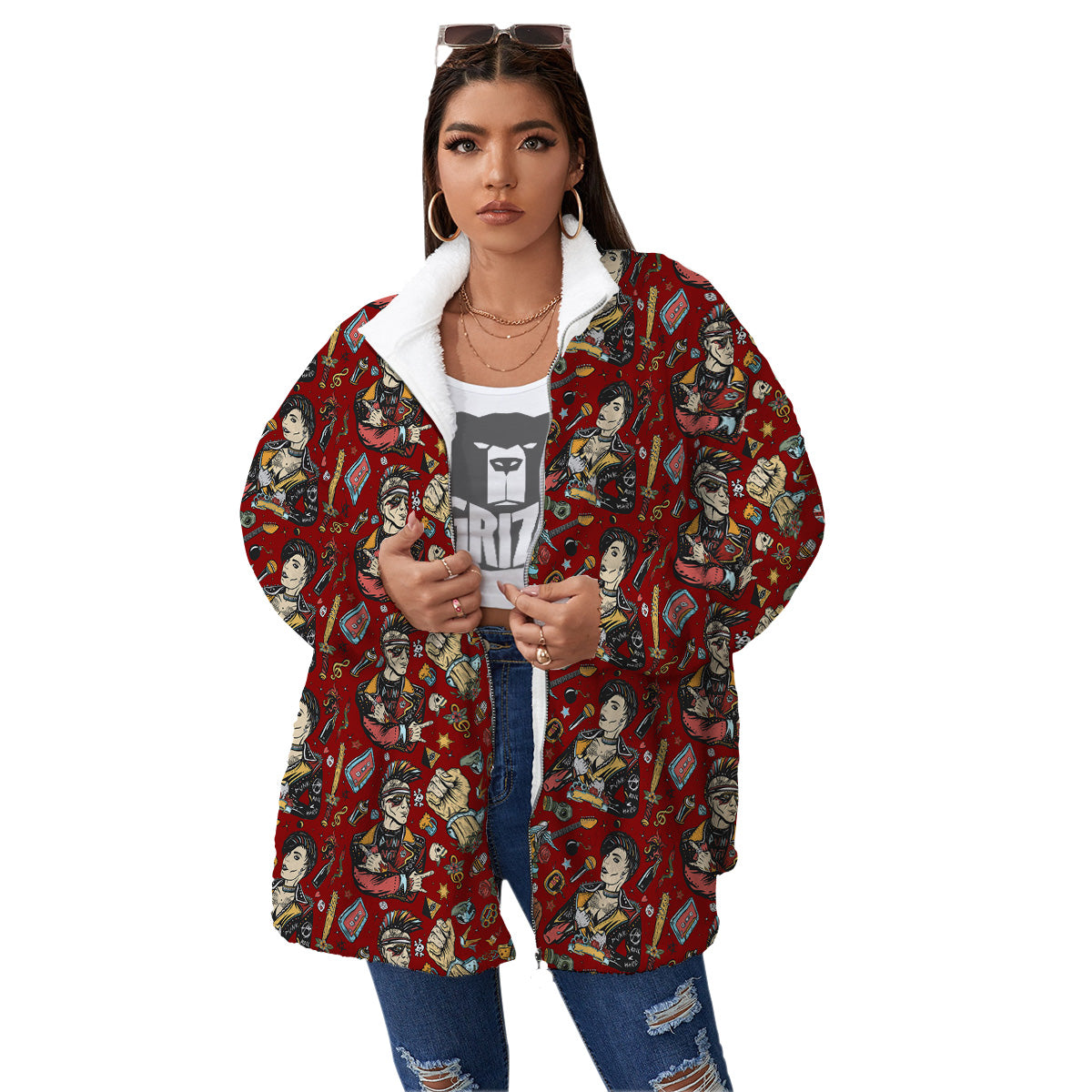 Punk Girl Lifestyle Tattoo Print Pattern Women's Sherpa Jacket-grizzshop