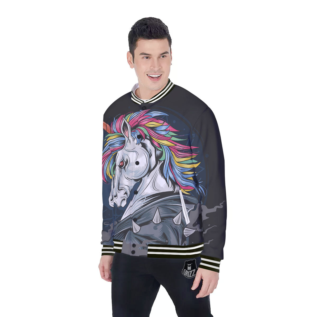Punk Unicorn Print Baseball Jacket-grizzshop