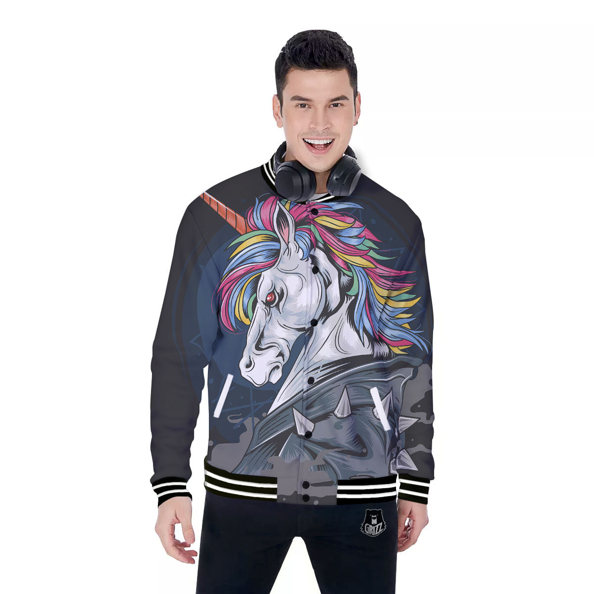 Punk Unicorn Print Baseball Jacket-grizzshop