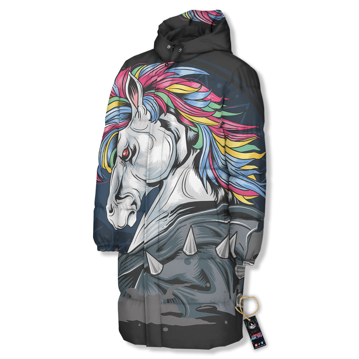 Punk Unicorn Print Long Down Jacket-grizzshop