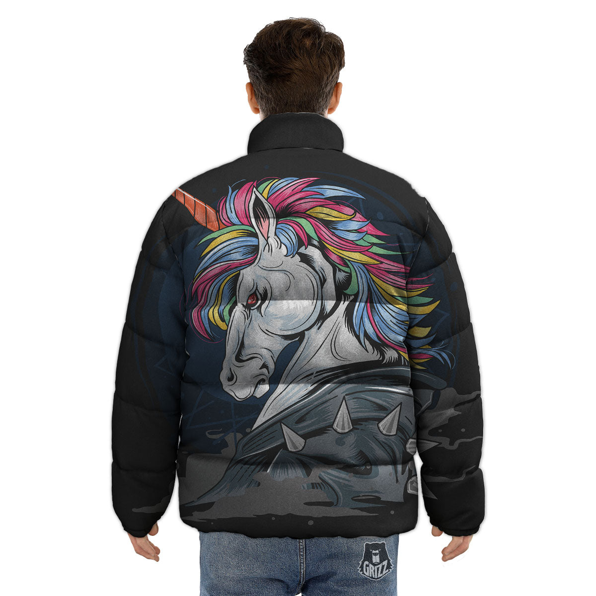 Punk Unicorn Print Puffer Jacket-grizzshop