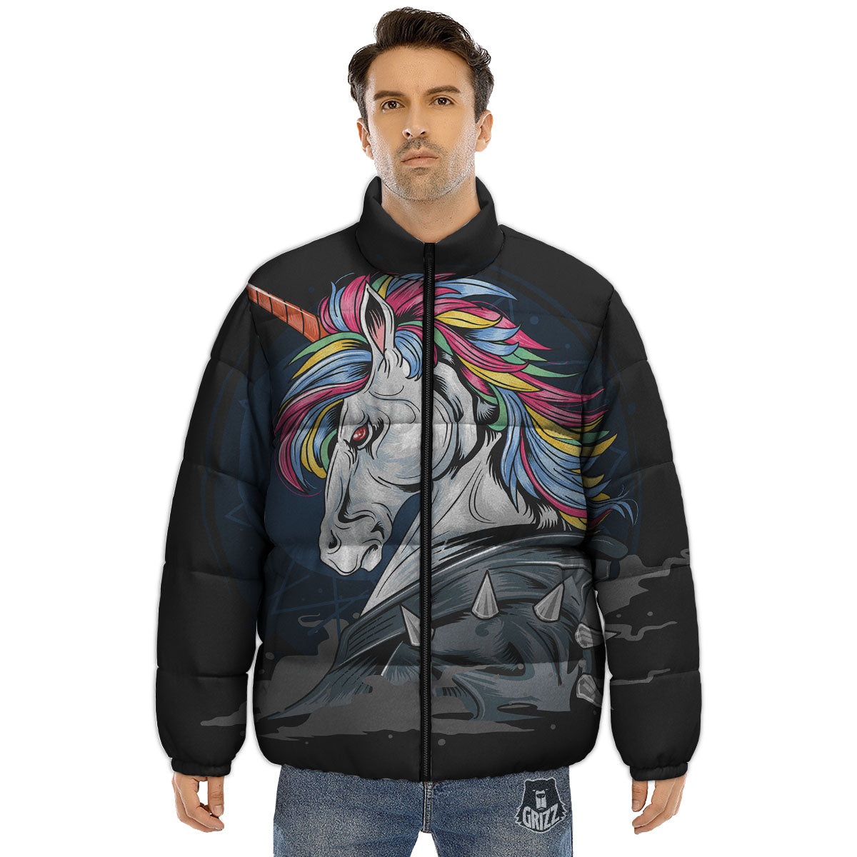 Punk Unicorn Print Puffer Jacket-grizzshop