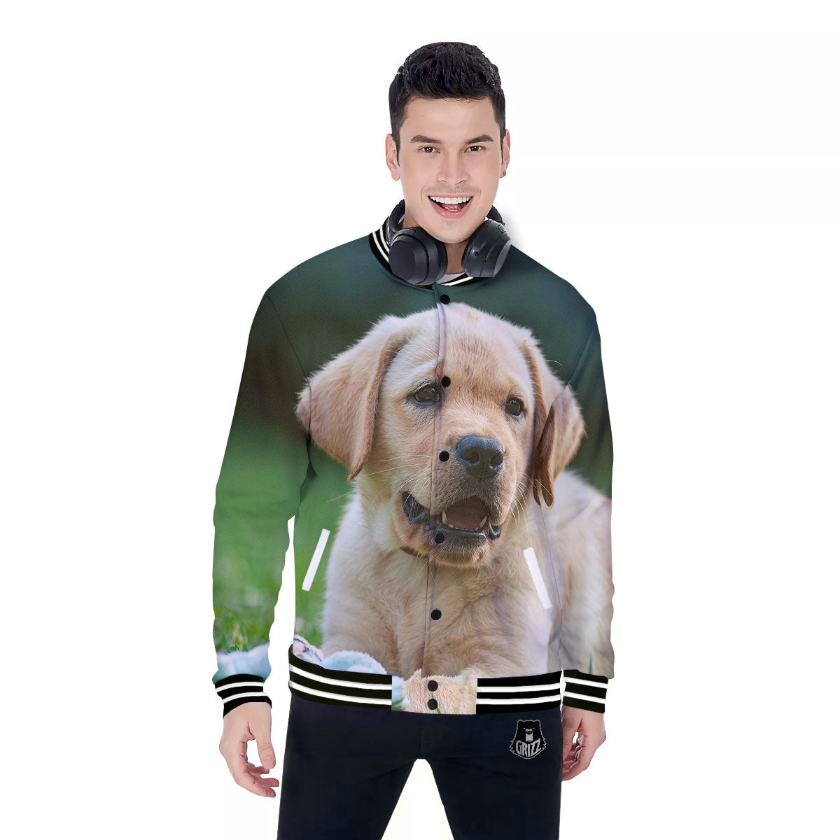 Puppy And Labrador Retriever Print Baseball Jacket-grizzshop